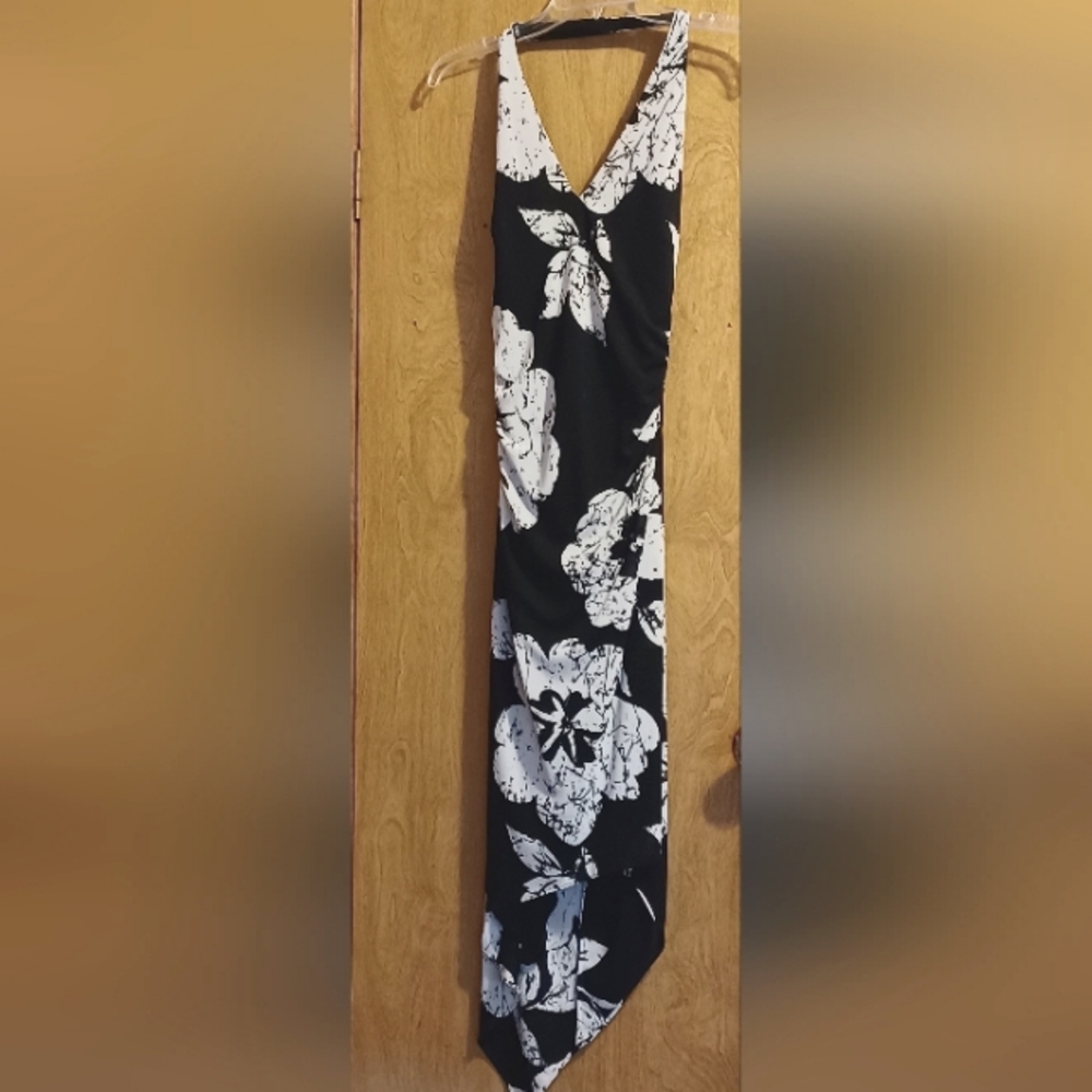 Lillie Rubin Vintage Halter Style High Low Dress, Black & White Floral, Size 10
